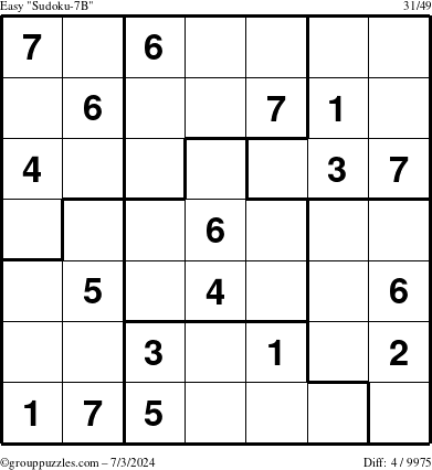 The grouppuzzles.com Easy Sudoku-7B puzzle for Wednesday July 3, 2024