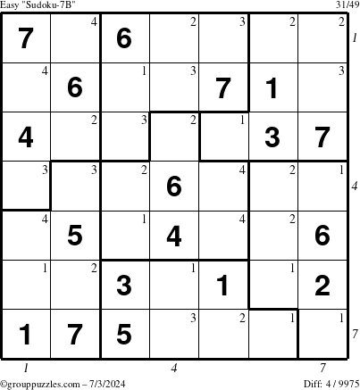 The grouppuzzles.com Easy Sudoku-7B puzzle for Wednesday July 3, 2024 with all 4 steps marked