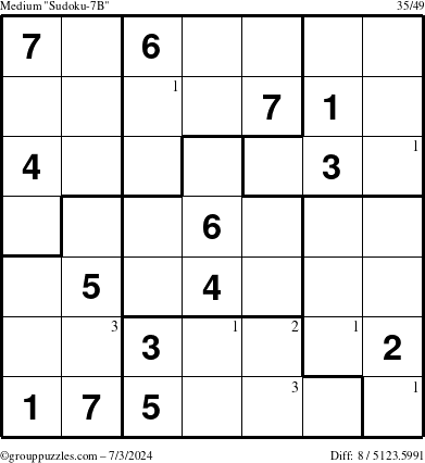 The grouppuzzles.com Medium Sudoku-7B puzzle for Wednesday July 3, 2024 with the first 3 steps marked