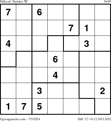 The grouppuzzles.com Difficult Sudoku-7B puzzle for Wednesday July 3, 2024