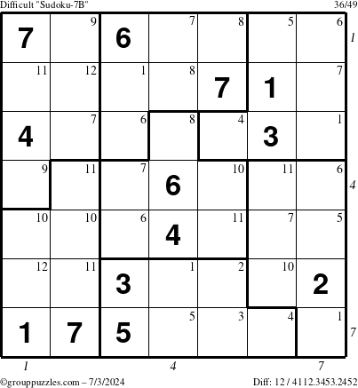 The grouppuzzles.com Difficult Sudoku-7B puzzle for Wednesday July 3, 2024 with all 12 steps marked