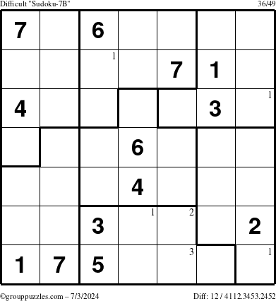 The grouppuzzles.com Difficult Sudoku-7B puzzle for Wednesday July 3, 2024 with the first 3 steps marked