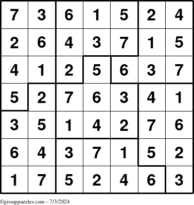 The grouppuzzles.com Answer grid for the Sudoku-7B puzzle for Wednesday July 3, 2024