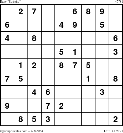 The grouppuzzles.com Easy Sudoku puzzle for Wednesday July 3, 2024