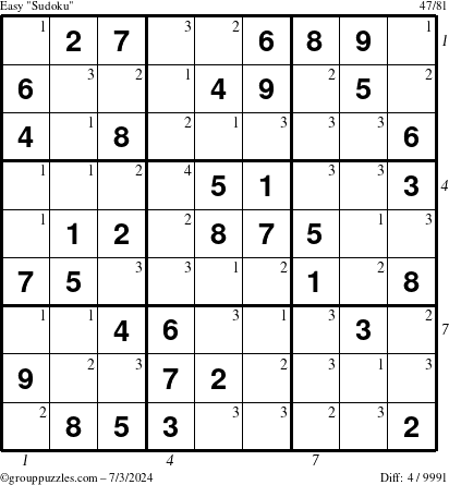 The grouppuzzles.com Easy Sudoku puzzle for Wednesday July 3, 2024 with all 4 steps marked