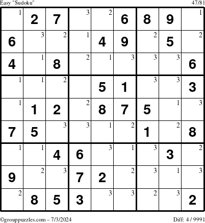 The grouppuzzles.com Easy Sudoku puzzle for Wednesday July 3, 2024 with the first 3 steps marked