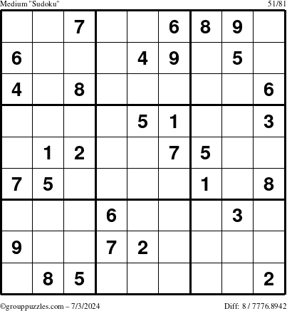 The grouppuzzles.com Medium Sudoku puzzle for Wednesday July 3, 2024