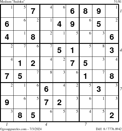 The grouppuzzles.com Medium Sudoku puzzle for Wednesday July 3, 2024, suitable for printing, with all 8 steps marked