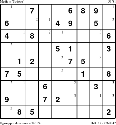 The grouppuzzles.com Medium Sudoku puzzle for Wednesday July 3, 2024 with the first 3 steps marked