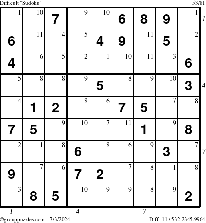 The grouppuzzles.com Difficult Sudoku puzzle for Wednesday July 3, 2024 with all 11 steps marked