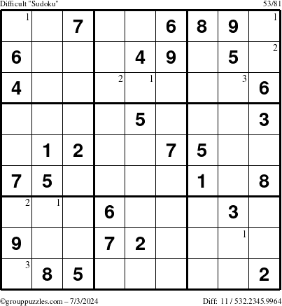 The grouppuzzles.com Difficult Sudoku puzzle for Wednesday July 3, 2024 with the first 3 steps marked