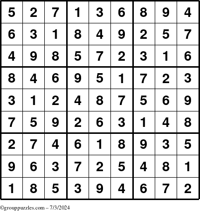 The grouppuzzles.com Answer grid for the Sudoku puzzle for Wednesday July 3, 2024