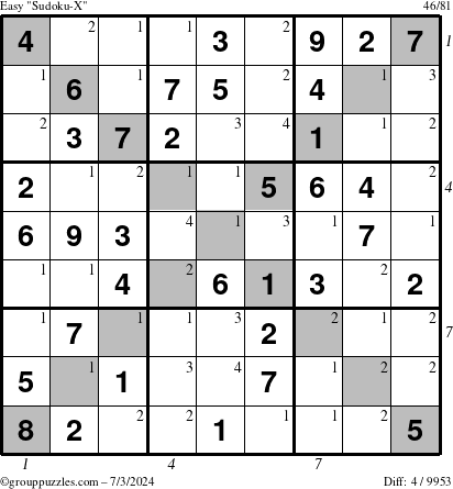 The grouppuzzles.com Easy Sudoku-X puzzle for Wednesday July 3, 2024 with all 4 steps marked