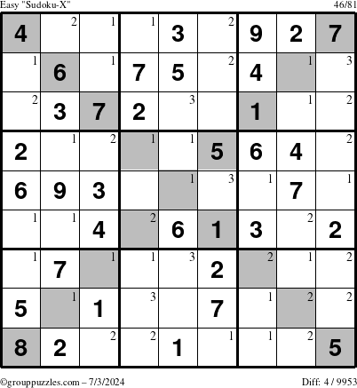 The grouppuzzles.com Easy Sudoku-X puzzle for Wednesday July 3, 2024 with the first 3 steps marked