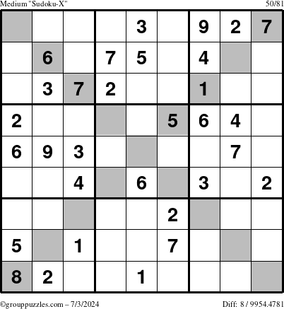 The grouppuzzles.com Medium Sudoku-X puzzle for Wednesday July 3, 2024