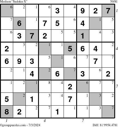 The grouppuzzles.com Medium Sudoku-X puzzle for Wednesday July 3, 2024 with all 8 steps marked