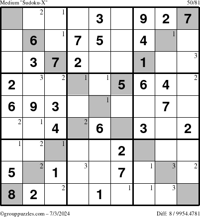 The grouppuzzles.com Medium Sudoku-X puzzle for Wednesday July 3, 2024 with the first 3 steps marked