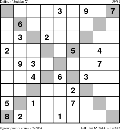 The grouppuzzles.com Difficult Sudoku-X puzzle for Wednesday July 3, 2024