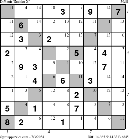 The grouppuzzles.com Difficult Sudoku-X puzzle for Wednesday July 3, 2024 with all 14 steps marked