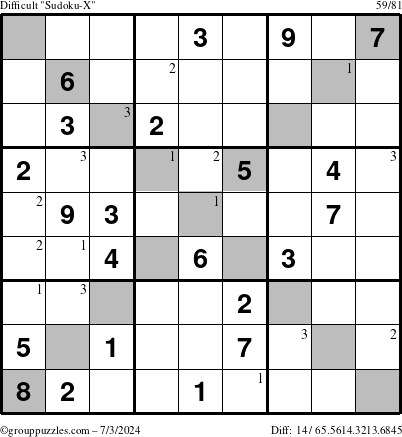 The grouppuzzles.com Difficult Sudoku-X puzzle for Wednesday July 3, 2024 with the first 3 steps marked