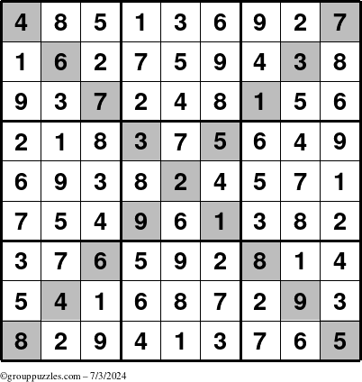 The grouppuzzles.com Answer grid for the Sudoku-X puzzle for Wednesday July 3, 2024