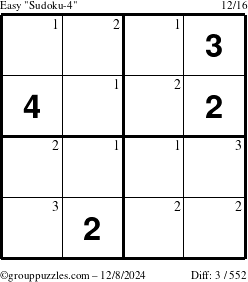 The grouppuzzles.com Easy Sudoku-4 puzzle for Sunday December 8, 2024 with the first 3 steps marked