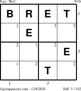 The grouppuzzles.com Easy Bret puzzle for Sunday December 8, 2024 with all 3 steps marked