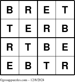 The grouppuzzles.com Answer grid for the Bret puzzle for Sunday December 8, 2024