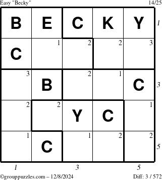 The grouppuzzles.com Easy Becky puzzle for Sunday December 8, 2024 with all 3 steps marked