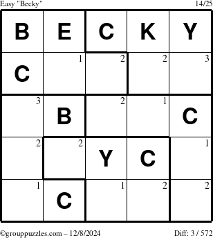 The grouppuzzles.com Easy Becky puzzle for Sunday December 8, 2024 with the first 3 steps marked