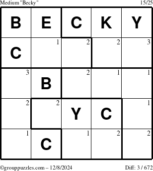 The grouppuzzles.com Medium Becky puzzle for Sunday December 8, 2024 with the first 3 steps marked