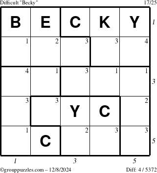 The grouppuzzles.com Difficult Becky puzzle for Sunday December 8, 2024 with all 4 steps marked