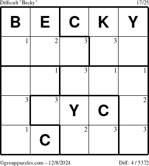 The grouppuzzles.com Difficult Becky puzzle for Sunday December 8, 2024 with the first 3 steps marked