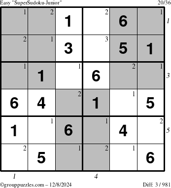 The grouppuzzles.com Easy SuperSudoku-Junior puzzle for Sunday December 8, 2024, suitable for printing, with all 3 steps marked