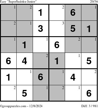 The grouppuzzles.com Easy SuperSudoku-Junior puzzle for Sunday December 8, 2024 with the first 3 steps marked