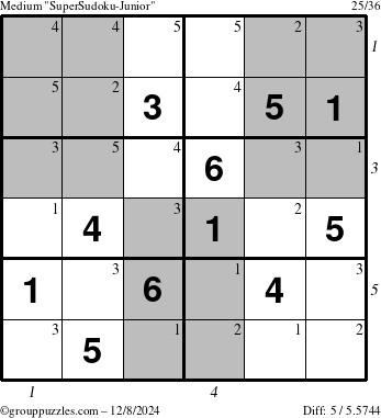 The grouppuzzles.com Medium SuperSudoku-Junior puzzle for Sunday December 8, 2024, suitable for printing, with all 5 steps marked