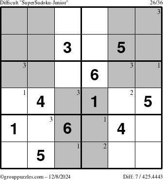 The grouppuzzles.com Difficult SuperSudoku-Junior puzzle for Sunday December 8, 2024 with the first 3 steps marked