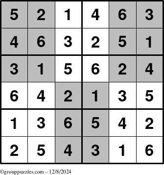 The grouppuzzles.com Answer grid for the SuperSudoku-Junior puzzle for Sunday December 8, 2024