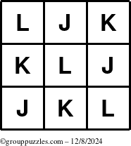 The grouppuzzles.com Answer grid for the TicTac-JKL puzzle for Sunday December 8, 2024