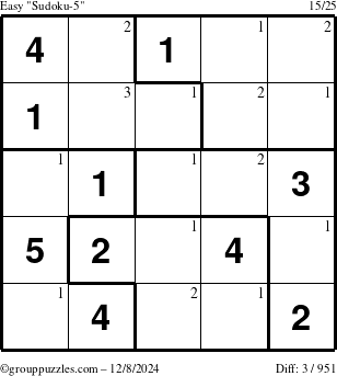 The grouppuzzles.com Easy Sudoku-5 puzzle for Sunday December 8, 2024 with the first 3 steps marked