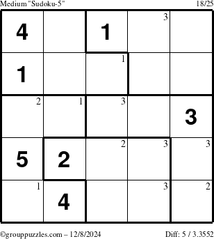 The grouppuzzles.com Medium Sudoku-5 puzzle for Sunday December 8, 2024 with the first 3 steps marked