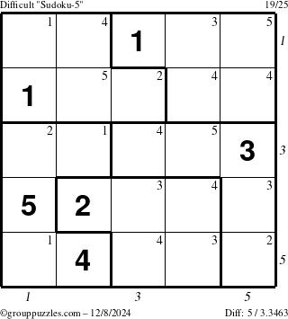 The grouppuzzles.com Difficult Sudoku-5 puzzle for Sunday December 8, 2024 with all 5 steps marked