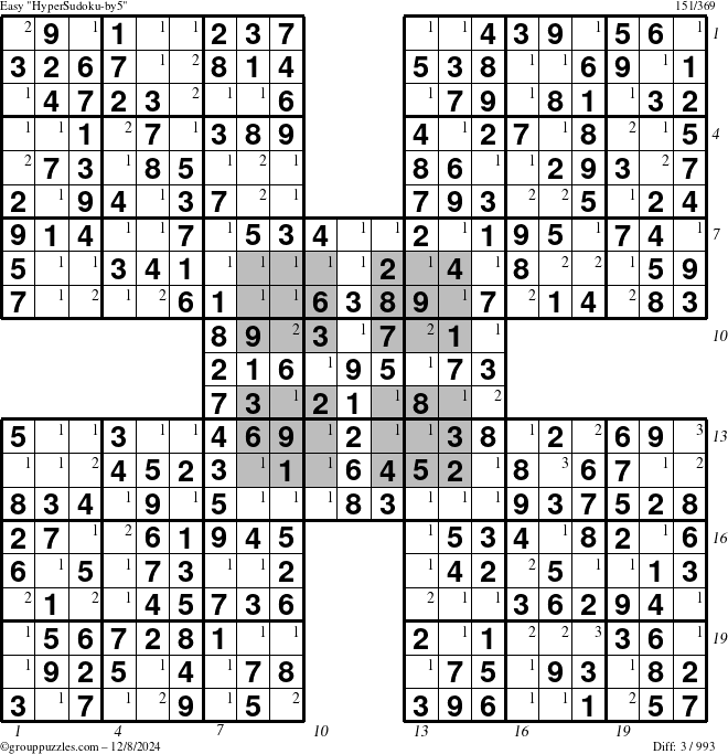 The grouppuzzles.com Easy HyperSudoku-by5 puzzle for Sunday December 8, 2024 with all 3 steps marked