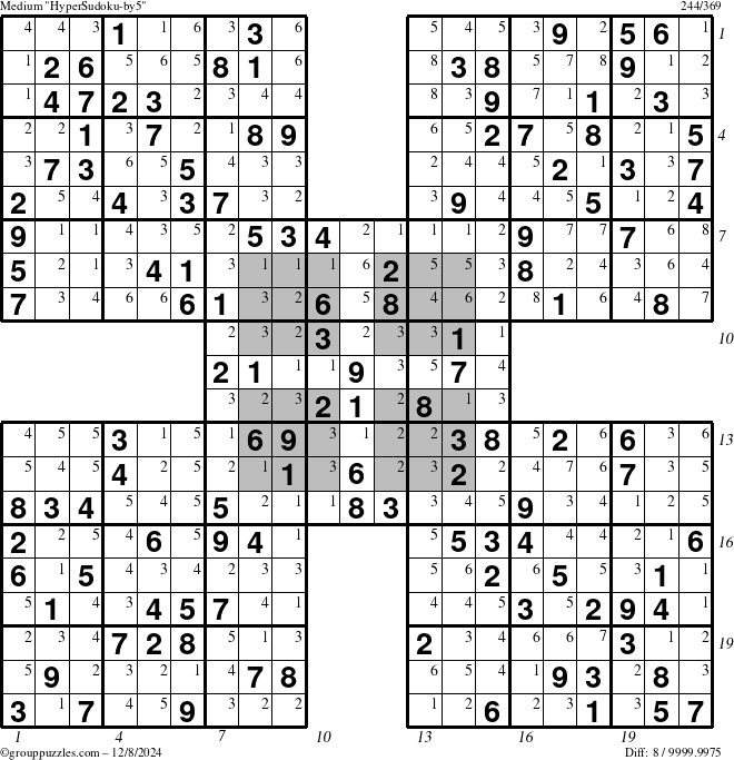 The grouppuzzles.com Medium HyperSudoku-by5 puzzle for Sunday December 8, 2024, suitable for printing, with all 8 steps marked