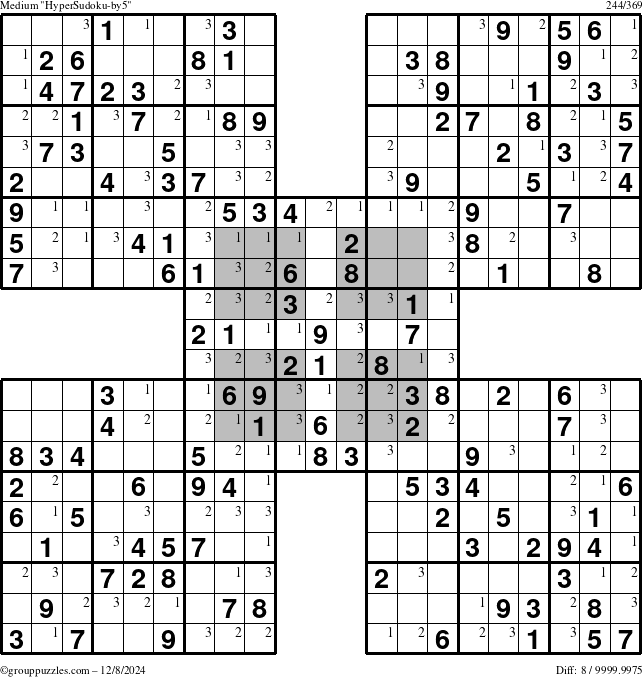 The grouppuzzles.com Medium HyperSudoku-by5 puzzle for Sunday December 8, 2024 with the first 3 steps marked