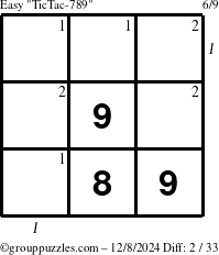 The grouppuzzles.com Easy TicTac-789 puzzle for Sunday December 8, 2024 with all 2 steps marked