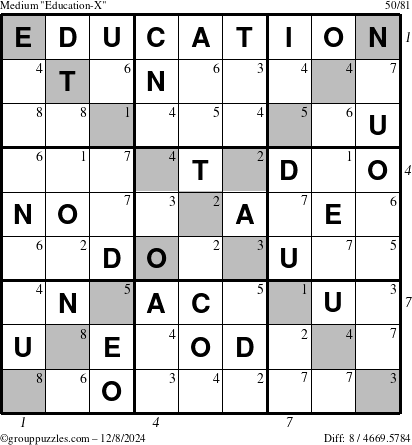 The grouppuzzles.com Medium Education-X puzzle for Sunday December 8, 2024, suitable for printing, with all 8 steps marked