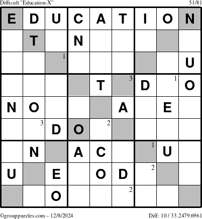 The grouppuzzles.com Difficult Education-X puzzle for Sunday December 8, 2024 with the first 3 steps marked