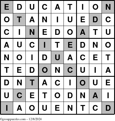 The grouppuzzles.com Answer grid for the Education-X puzzle for Sunday December 8, 2024