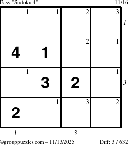 The grouppuzzles.com Easy Sudoku-4 puzzle for Thursday November 13, 2025, suitable for printing, with all 3 steps marked